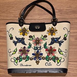 Abundance Enid Collins Embellished Floral Tote Bag - Cream with Black Trim
